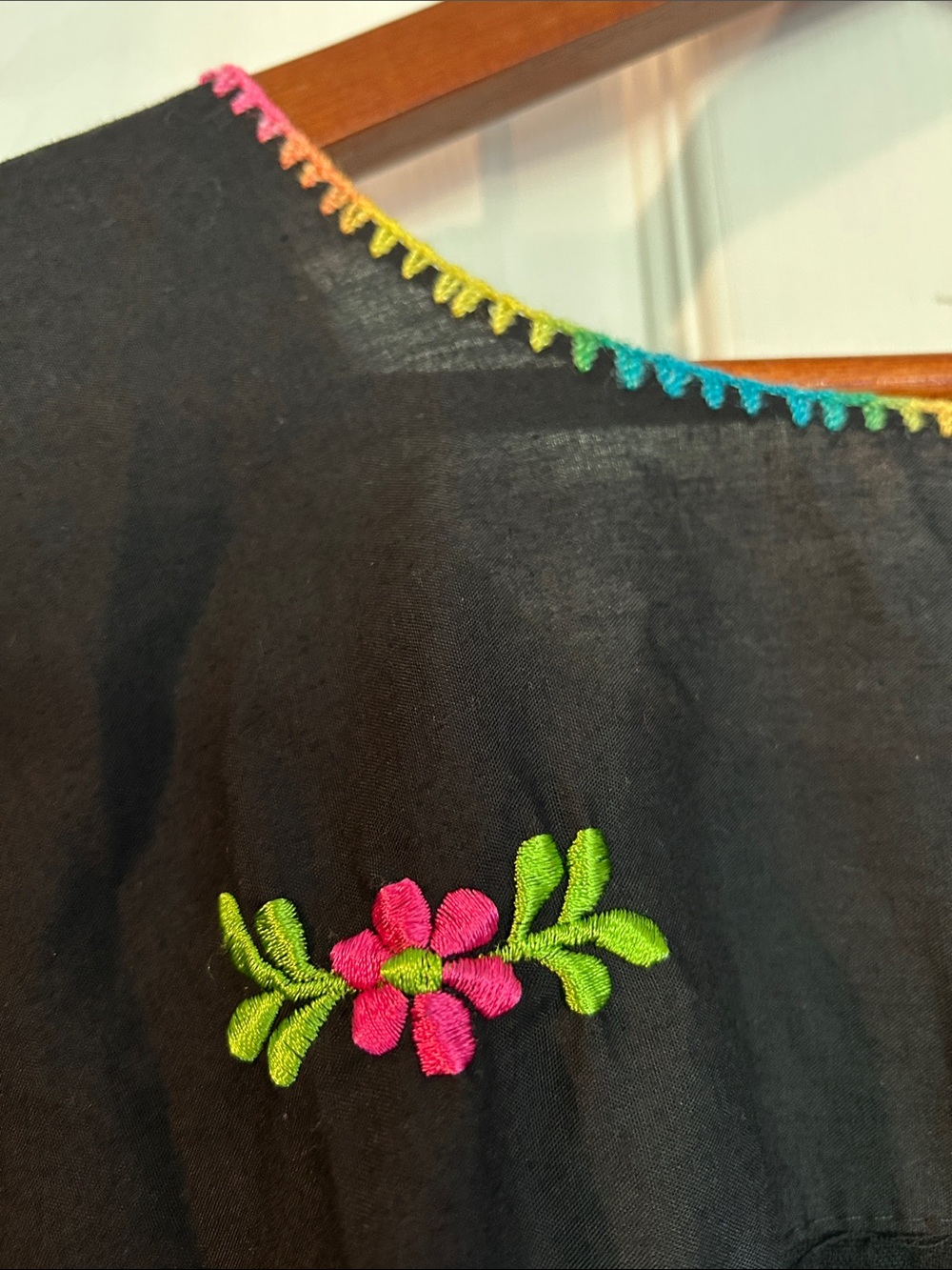 Black Embroidered Mexican Floral Women's Top - Picture 4 of 4